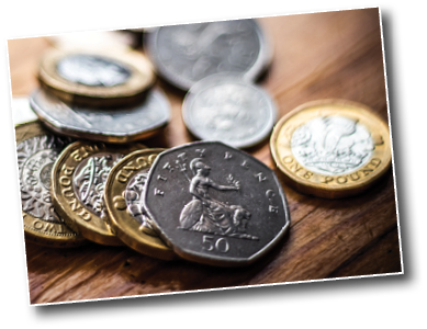 British Currency, Coins on top of wallet.